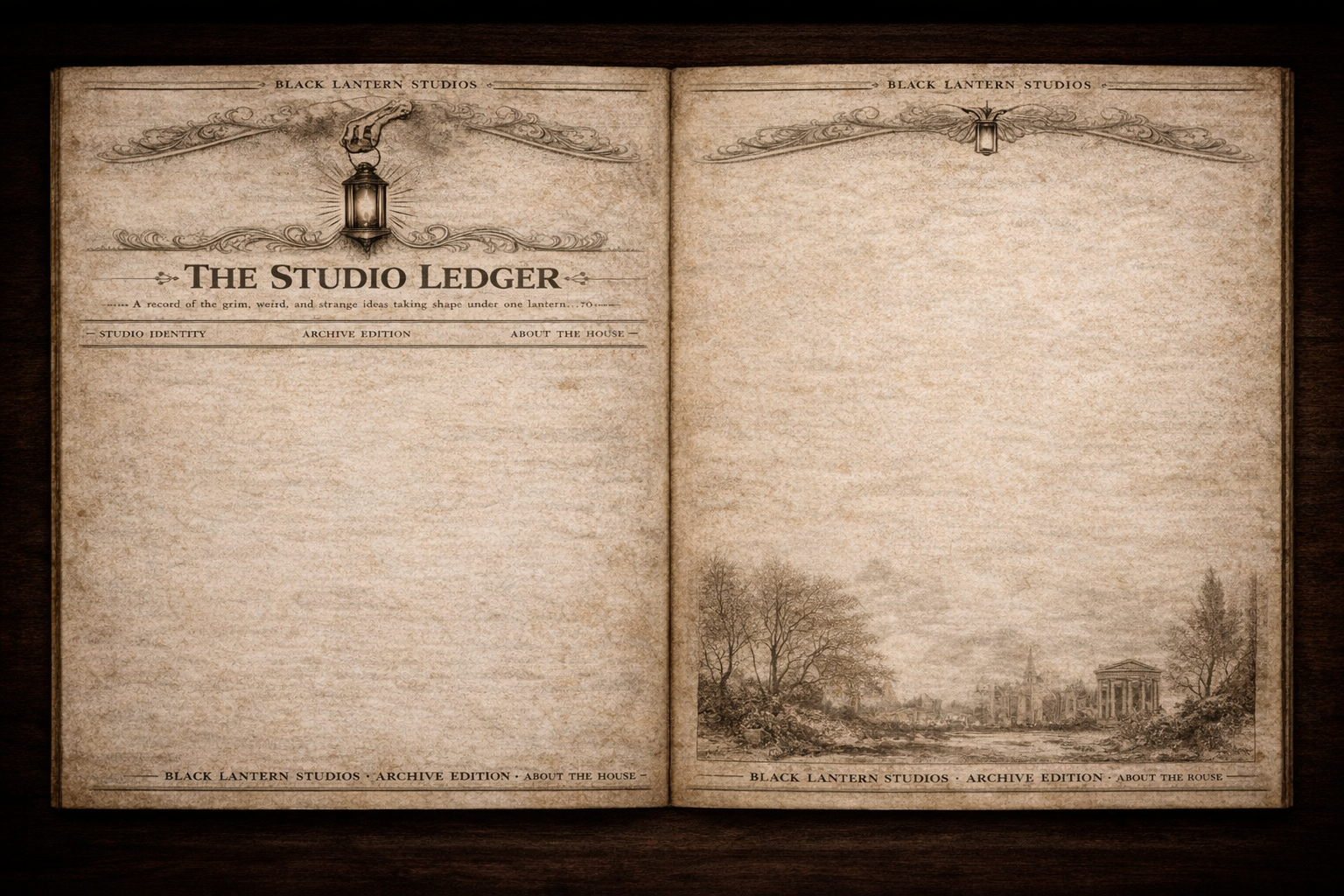 Vintage newspaper-inspired background for Black Lantern Studios About page